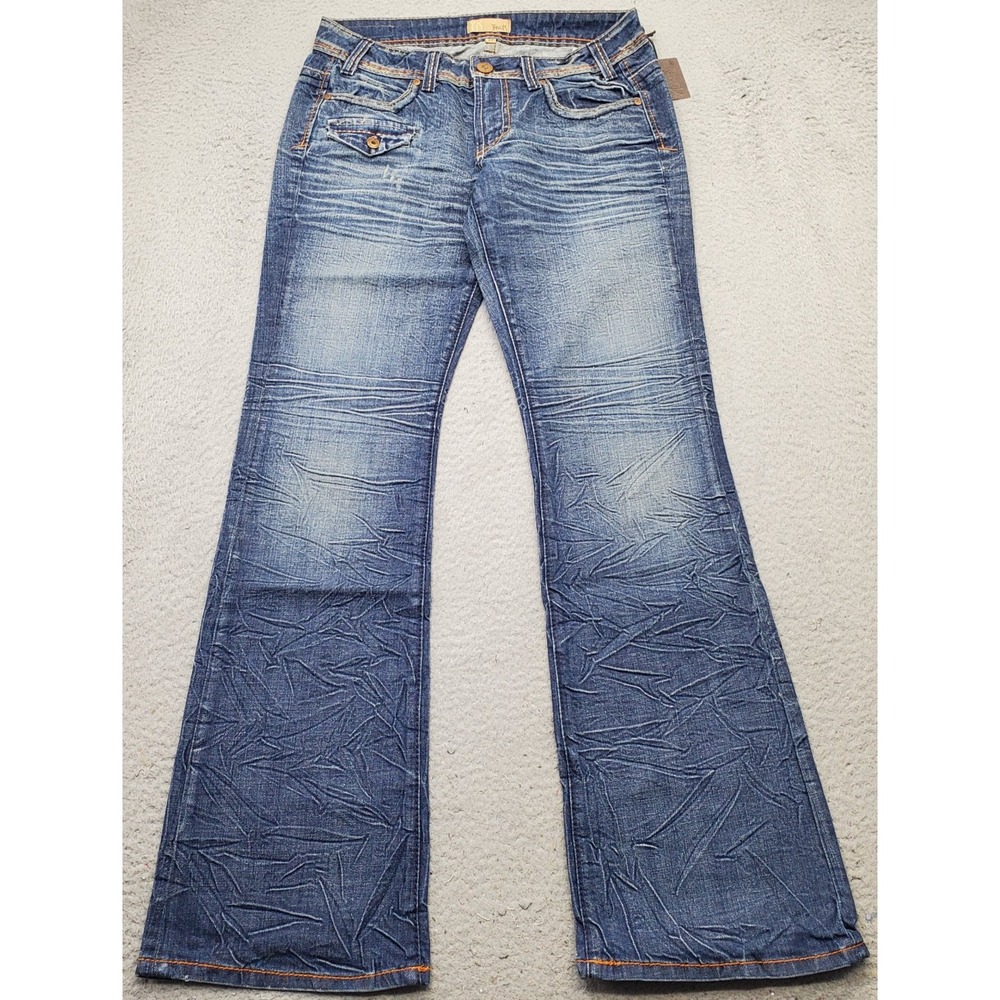 Yanuk Flared Crinkle Jeans Womens‎ 29 Blue Denim 3D Whiskered Contrast Stitch